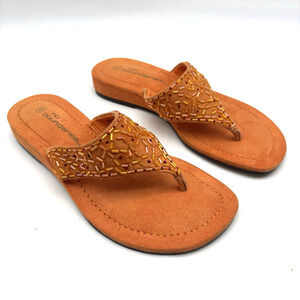 Vintage 90s Y2K No Boundaries 'JOY' Orange Suede Leather Beaded Flip Flops 5.5M